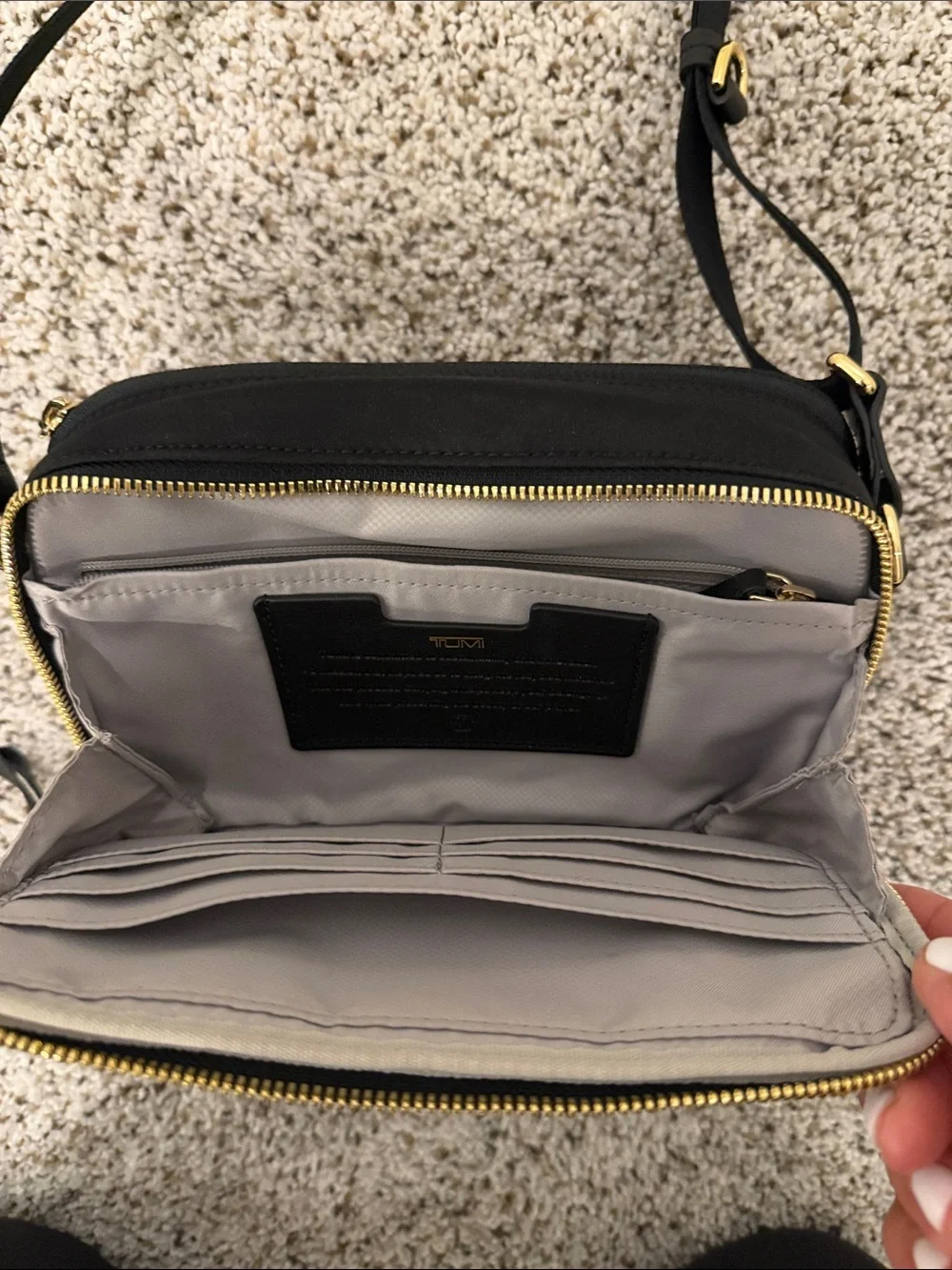 Tumi Black Crossbody Bag with Gold Hardware (camera bag style) Voyageur